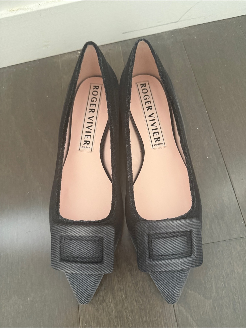 Roger Vivier Distressed Black Pointed Toe Flats with Signature Buckle